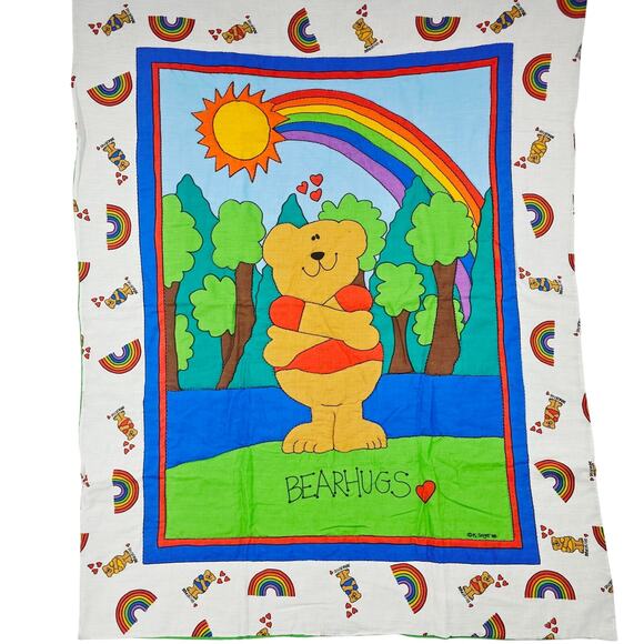 Vintage 80s Quilted Unisex Baby Blanket Crib Coverlet Rainbow Bear Kidcore 42x33 - Picture 1 of 7